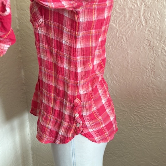 C&C California Pink Plaid Lightweight Woven Crinkle Button Up Shirt Small - Picture 5 of 9